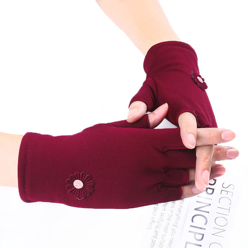 女士手套加绒露指秋冬韩版半指工作保暖驾车骑车弹力舞蹈两指时尚