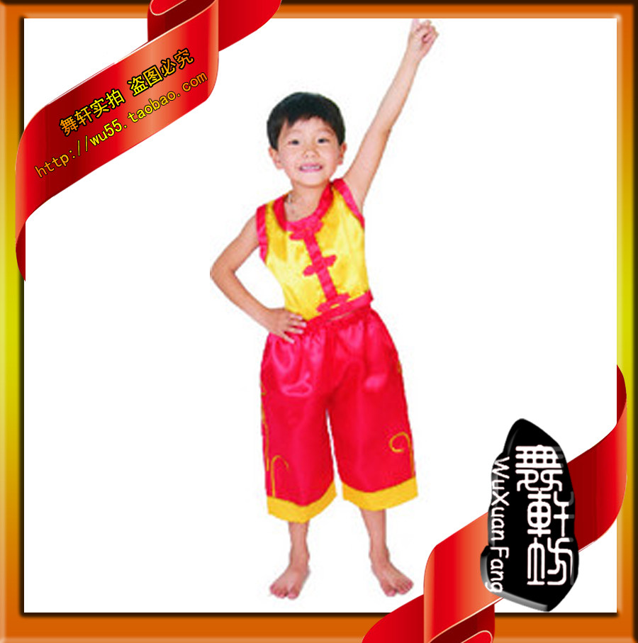 舞轩坊 儿童演出服装男孩练功服无袖中裤 红黄色表演服幼儿舞蹈服