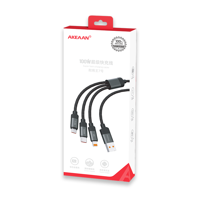AKEAAN 耐用王7号 安卓/苹果/Type-C 一拖三尼龙编织快充数据线 适用于100W 1.2M 黑色 可3部手机
