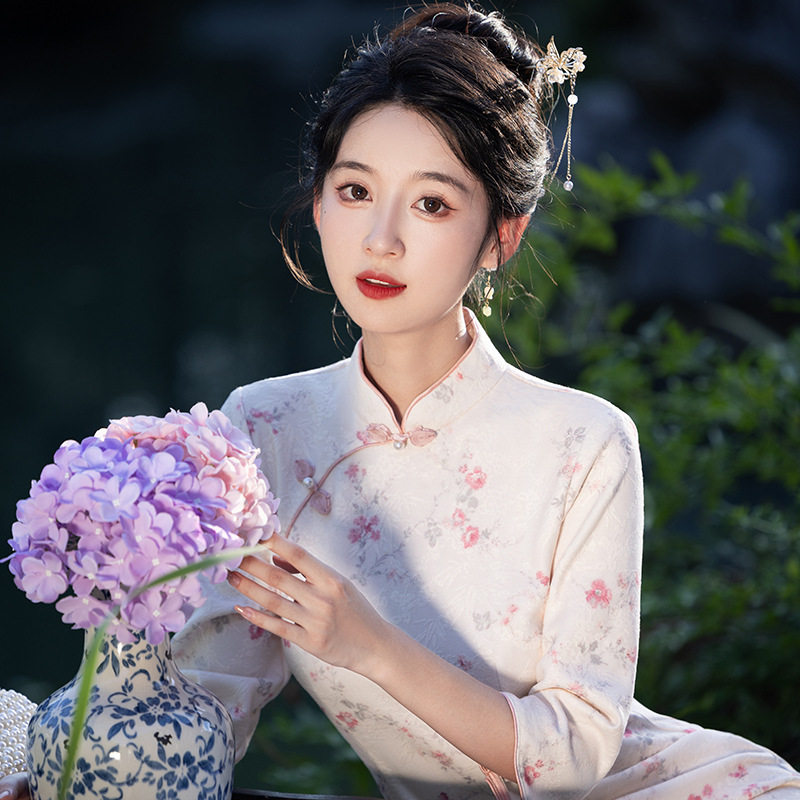 粉色碎花旗袍2025新款淑女风旗袍