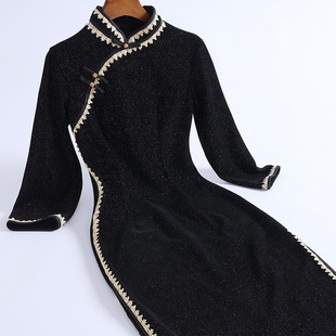 2025年高档新款改良秋冬旗袍中长款中国风黑色中袖连衣裙礼服