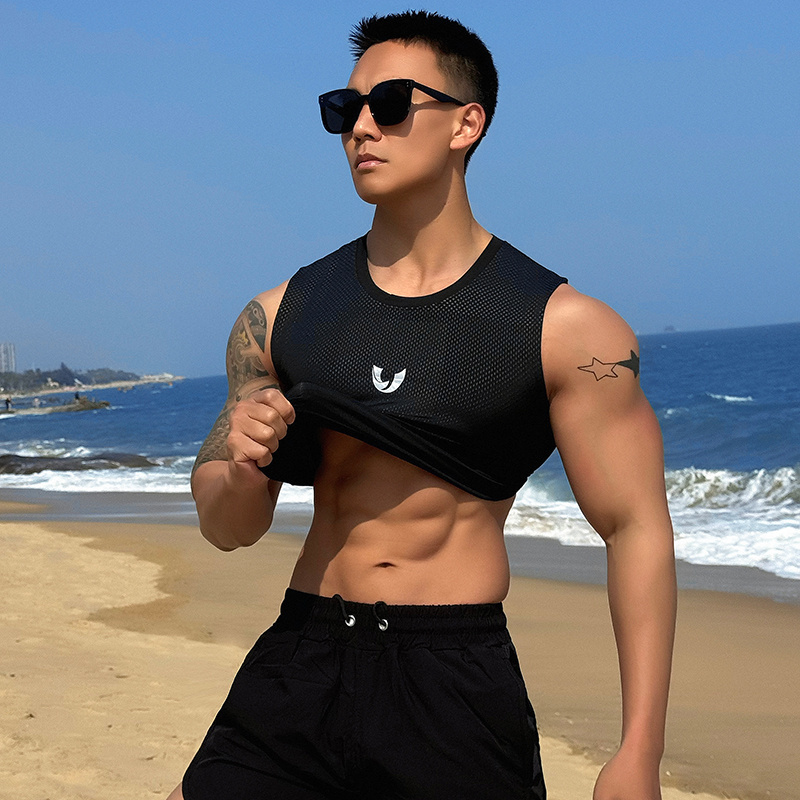 辉先生夏季男士坎肩背心印花弹力运动健身跑步无袖速干紧身上衣潮