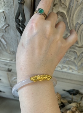 母亲节白玉髓24k纯金手镯手工錾刻 可定制 也可手镯送来加工