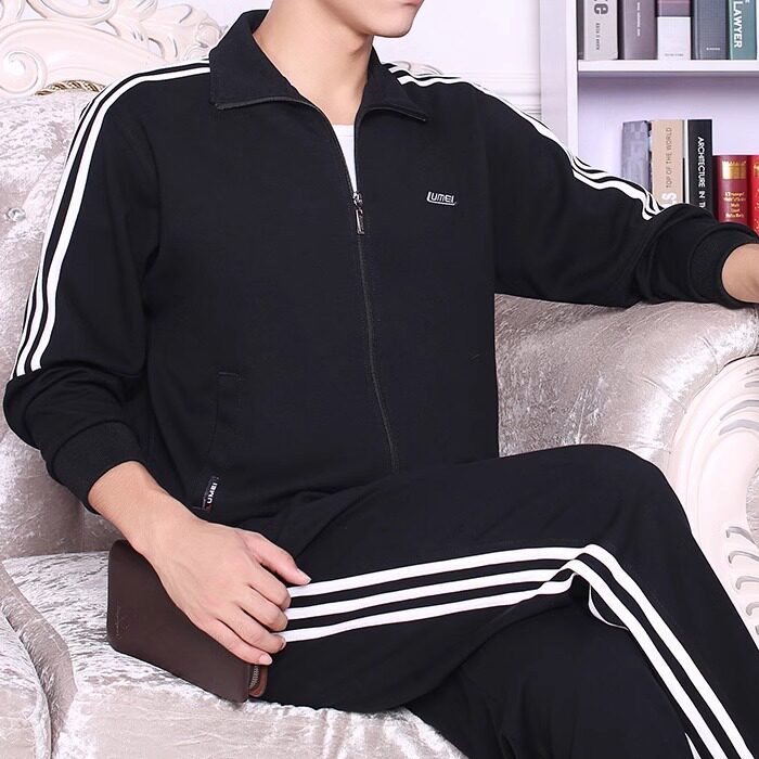 正品鲁美运动服套装男春秋南韩丝青年三条杠开衫宽松大码休闲服