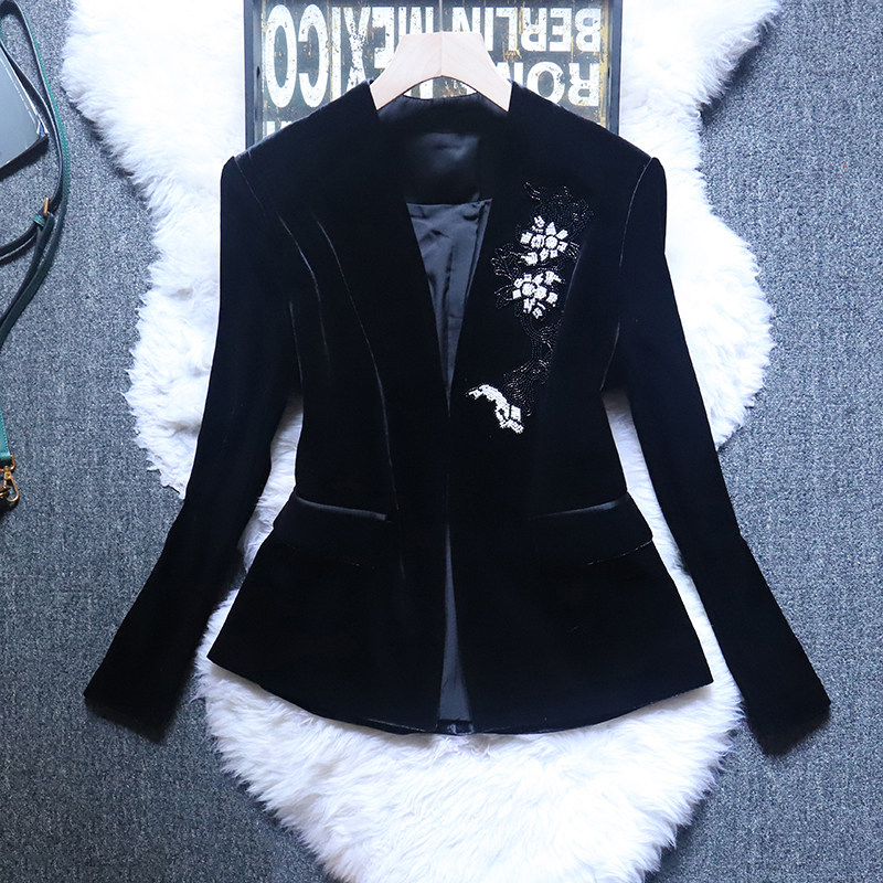 2024春秋新款时尚钉珠进口真金丝绒修身小西装外套女V领西服上衣,女装/女士精品,西装,淘宝优惠券,粉丝福利购,淘宝优惠卷