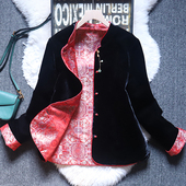 两面穿黑色丝绒外套女2025秋冬装 国风新年红色提花气质上衣 新中式