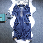 国风刺绣牛仔裙2025夏装 松弛U领贝壳钉珠薄款 天丝牛仔显瘦连衣裙