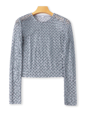 外贸圆领网纱亮片T恤衫春秋新短款长袖体恤打底衫女时尚上衣18122