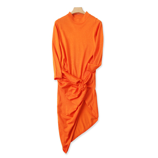 新款 长袖 裙子K 包臀女显瘦中长款 外单立领针织褶皱连衣裙夏季