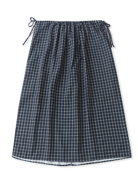 松紧腰格子半身裙 夏季新款时尚A字系带收腰中长款女装裙子 07553