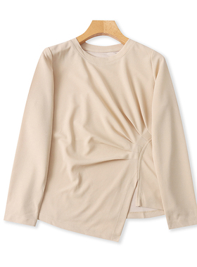 外贸圆领收褶T恤衫 春秋新款长袖时尚打底衫 女显瘦套头上衣17353