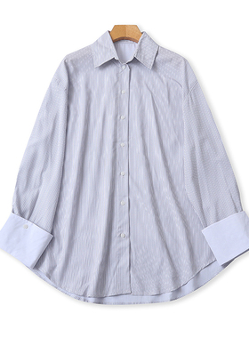 欧美风翻领条纹长袖衬衫 春夏款时尚女撤销袖口休闲大版上衣06312