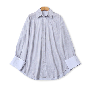 欧美风翻领条纹长袖衬衫 春夏款时尚女撤销袖口休闲大版上衣06312