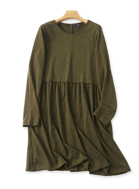 长袖针织连衣裙 春秋新款外贸收腰宽松时尚圆领长款女士裙子14243