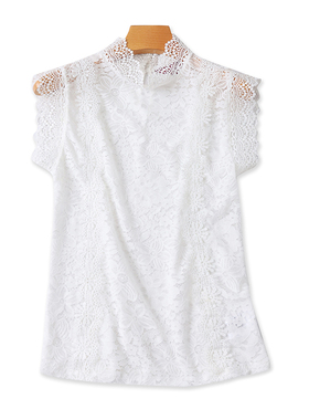 立领蕾丝钩花无袖打底衫 女百搭时尚T恤衫 外贸透视甜美上衣05441