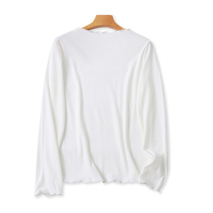 立领木耳边针织打底衫 春秋新款长袖T恤衫外贸纯色时尚女上衣5302