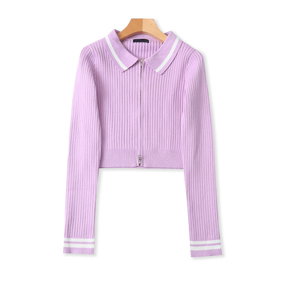 双头拉链翻领针织衫春秋新款拼色