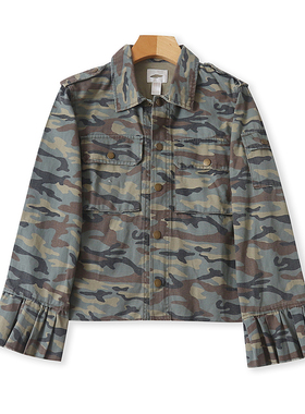 外贸翻领迷彩毛边外套 春秋新款长袖时尚女纽扣开衫短款上衣06212