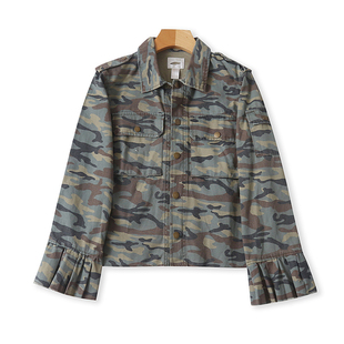 外贸翻领迷彩毛边外套 春秋新款长袖时尚女纽扣开衫短款上衣06212