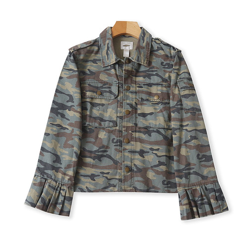 外贸翻领迷彩毛边外套时尚短款