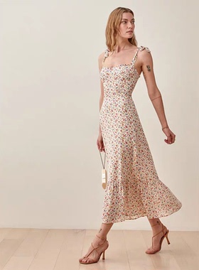 法式碎花系带吊带裙荷叶边连衣裙夏季新款A字显瘦长款女裙子12452