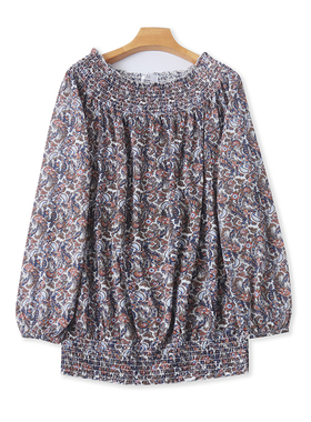 一字肩碎花T恤衫 春秋新款显瘦套头长袖打底衫 女装宽松上衣22284