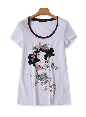 外贸镶钻短袖T恤衫 女圆领拼色体恤打底衫夏季新款时尚上衣 08382