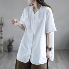 外贸大码短袖衬衫 夏季新款文艺宽松休闲女显瘦设计感棉上衣14031