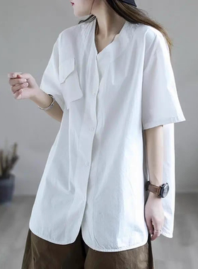 外贸大码短袖衬衫 夏季新款文艺宽松休闲女显瘦设计感棉上衣14031