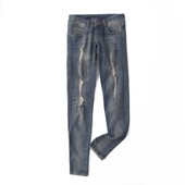 子 外贸磨白水洗破洞牛仔裤 07051 修身 女显瘦长裤 春秋新款 直筒裤