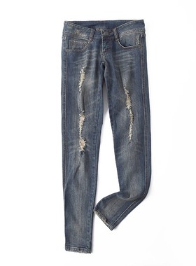 外贸磨白水洗破洞牛仔裤 春秋新款直筒裤 修身女显瘦长裤子 07051