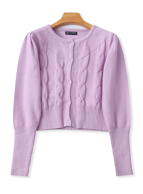 圆领长袖针织开衫 春秋新款短款麻花纹时尚毛衣 女纽扣上衣 18244