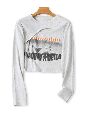 时尚圆领长袖T恤衫 春秋新款印花镂空弹力体恤打底衫女上衣 16304