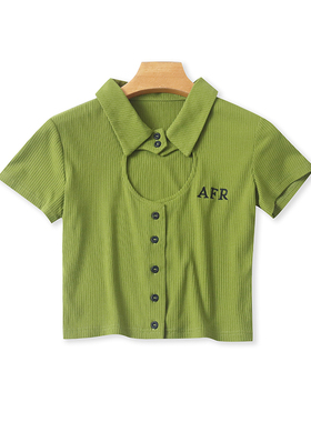 翻领刺绣镂空小衫 夏季新款短袖甜美短款纽扣开衫女上衣T恤 05283