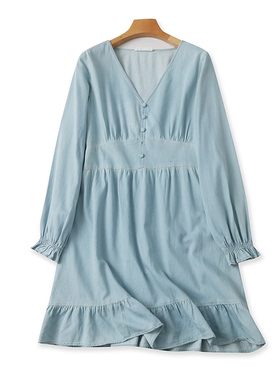 水洗牛仔连衣裙 春秋新款长袖收腰中长款女显瘦A字百搭裙子 11352