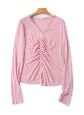 V领韩版掐褶开叉长袖打底衫 春夏显瘦弹力女套头百搭T恤上衣24222