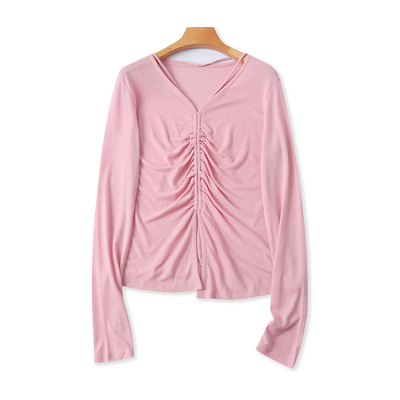 V领韩版掐褶开叉长袖打底衫 春夏显瘦弹力女套头百搭T恤上衣24222