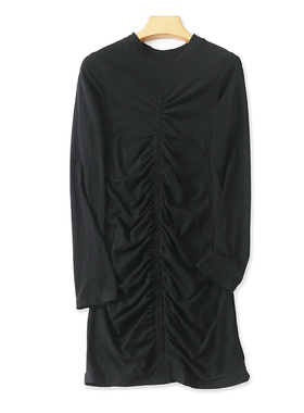 圆领弹力针织连衣裙 春秋新款收褶修身百搭时尚女中长款裙子18384