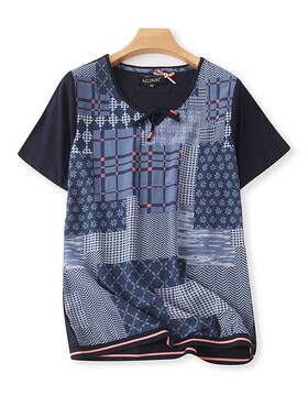 圆领拼色短袖T恤衫 夏季新款系带碎花体恤衫 女外贸宽松上衣11112