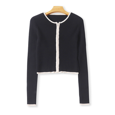 外贸圆领拼色针织衫修身开衫时尚