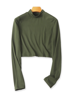 立领短款长袖T恤衫 春秋新款修身百搭时尚打底体恤衫 女上衣08333