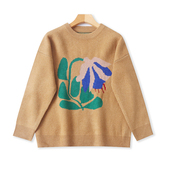 时尚 长袖 女套头显瘦保暖上衣07011 秋冬新款 圆领加厚钩花针织毛衣