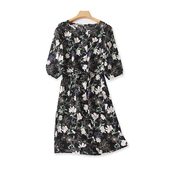 中长款 圆领碎花连衣裙 外单裙子 女夏季 新款 中袖 系带百搭黑底花裙
