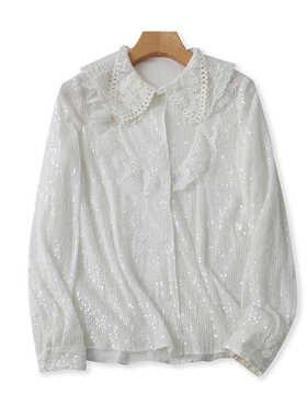 长袖翻领亮片衬衫 春秋新款宽松休闲衬衣纽扣开衫女纯色上衣07454