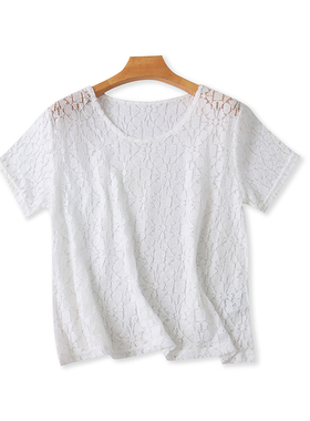 短袖圆领蕾丝小衫 夏季新款镂空短款T恤衫 女装宽松外贸上衣05214