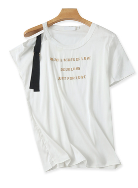 圆领仿真丝烫字短袖T恤衫夏季新款露肩显瘦打底体恤衫女上衣02102