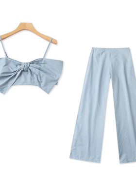 欧美风蝴蝶结装饰吊带+直筒阔腿长裤 甜美春夏新款两件套装 24182