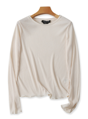 圆领长袖针织衫 春秋新款螺纹弹力外贸打底T恤衫 女纯色上衣10343