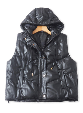 外贸连帽PU皮马甲 秋冬新款无袖保暖拉链棉服背心女上衣外套02014