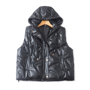 保暖拉链棉服背心女上衣外套02014 无袖 外贸连帽PU皮马甲 秋冬新款